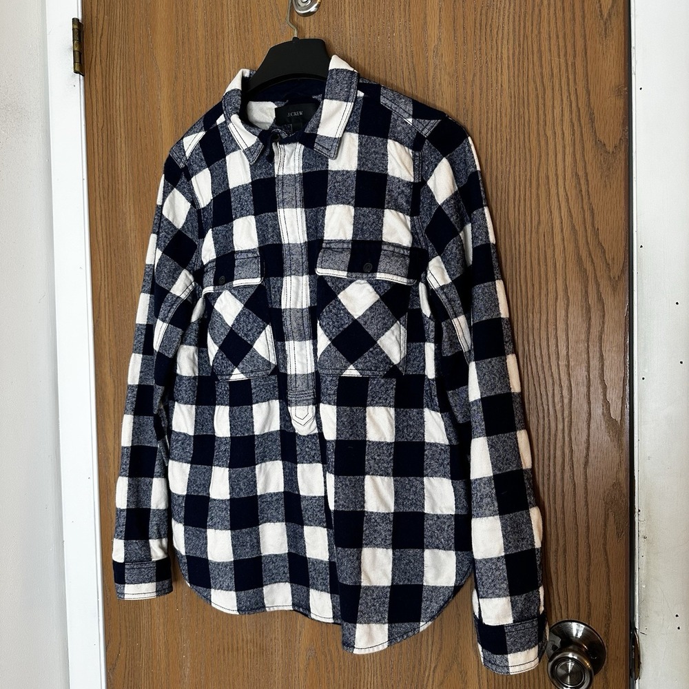 J. Crew Flannel Shirt Men's Sz M Plaid Cotton Wool 1/4 Zip Pockets Black/White